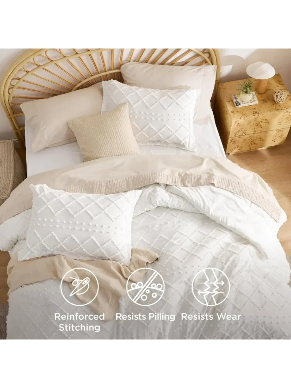 Cozy White Boho Tufted Queen Comforter Set - 3 Piece Farmhouse Bedding, Soft